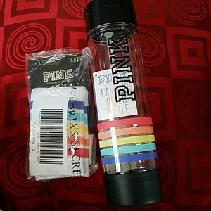 VS PINK rainbow water bottle and crew socks